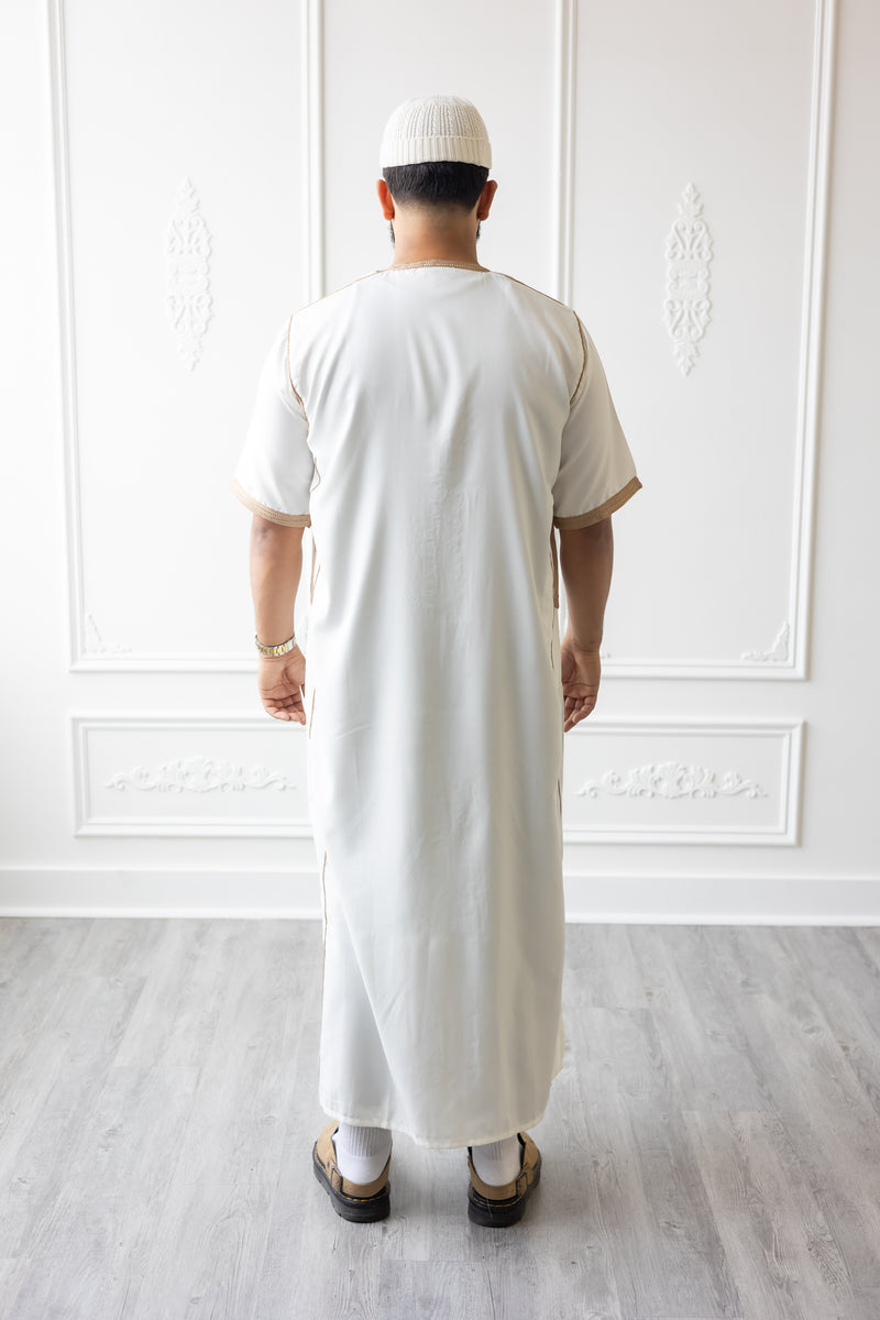 Moroccan Short Sleeve Thobe (White With Gold Embroidery)