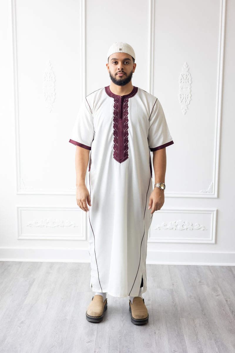 Moroccan Short Sleeve Thobe (White With Maroon Embroidery)