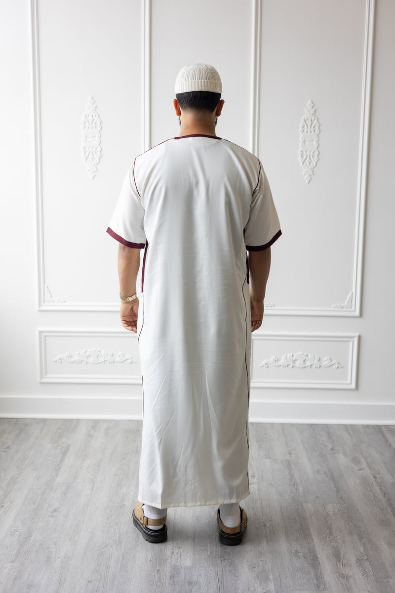 Moroccan Short Sleeve Thobe (White With Maroon Embroidery)