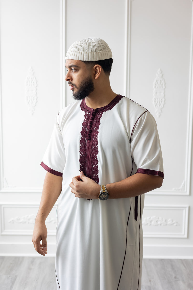 Moroccan Short Sleeve Thobe (White With Maroon Embroidery)