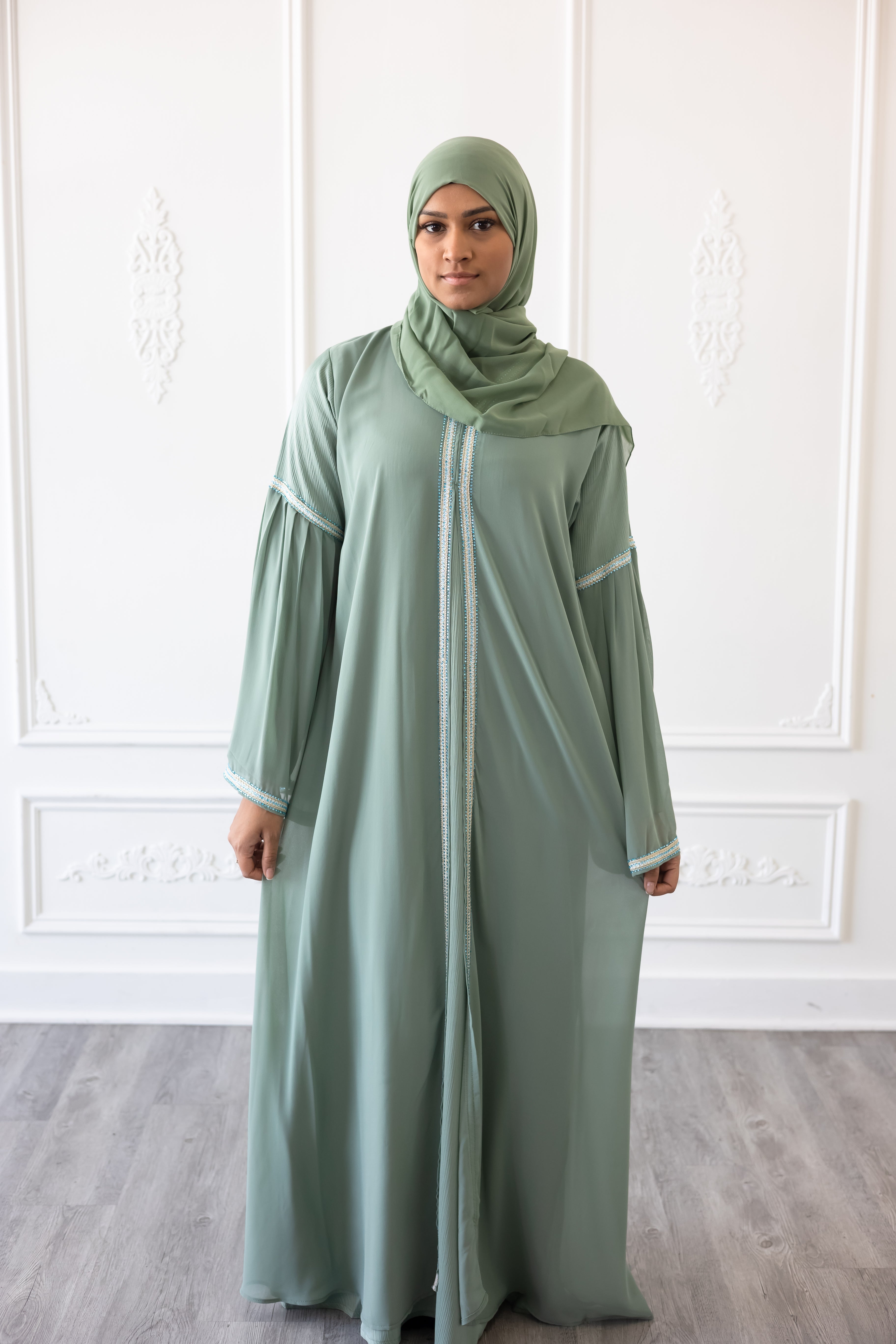 Topaz Green Chiffon Layered Eid Abaya 2023