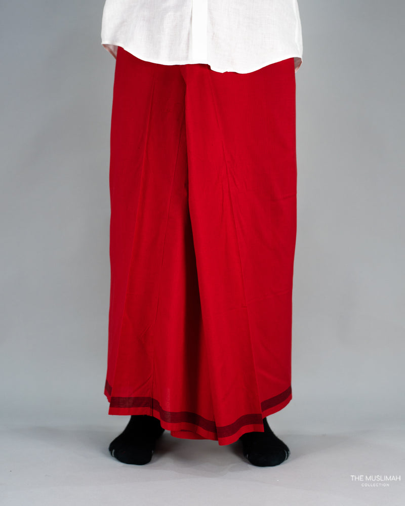 Scarlett Red with Maroon Trim Cotton Izaar/Lungi/Sarong/Saram