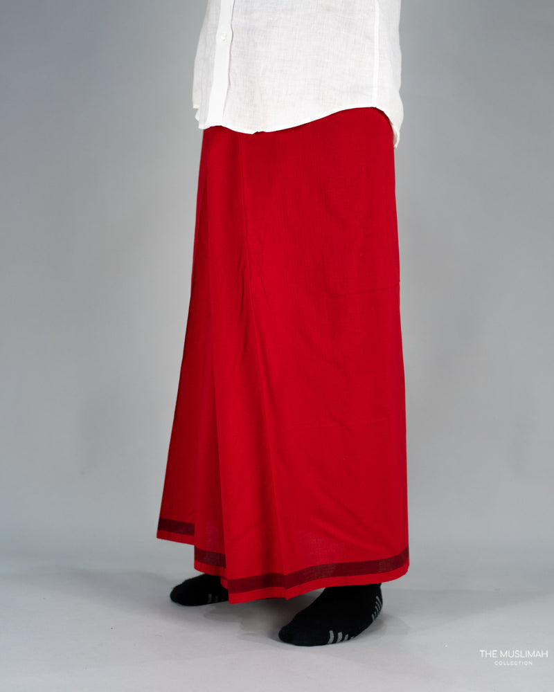 Scarlett Red with Maroon Trim Cotton Izaar/Lungi/Sarong/Saram