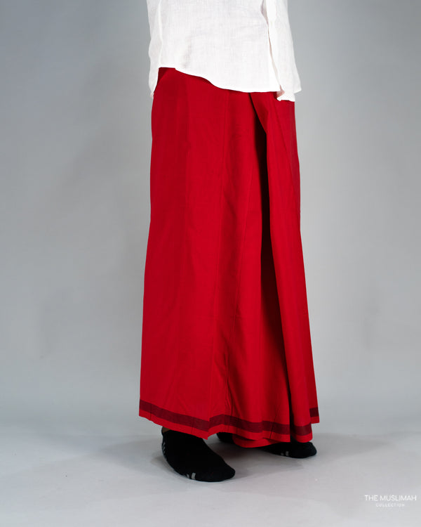 Scarlett Red with Maroon Trim Cotton Izaar/Lungi/Sarong/Saram