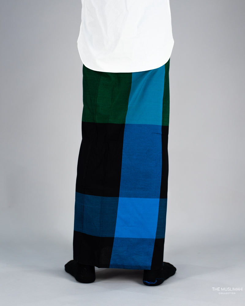 Turquoise with Dark Color Block Cotton Izaar/Lungi/Sarong/Saram